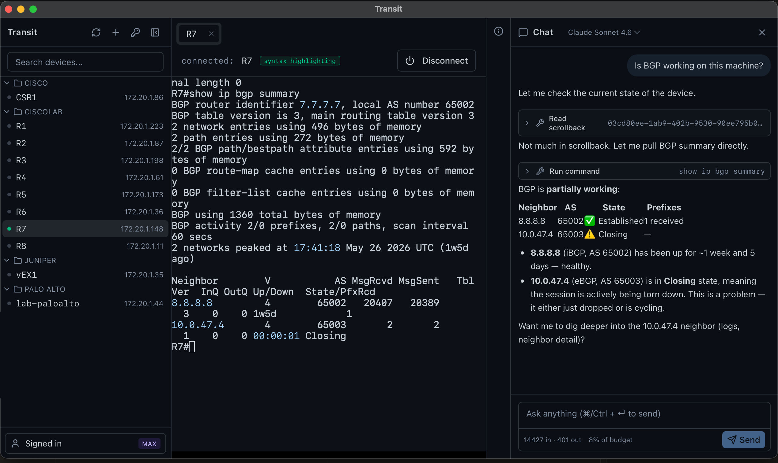 The Transit AI desktop app investigating BGP on router R7: the live terminal shows 'show ip bgp summary' output while the read-only AI agent reads scrollback, runs the command, and reports one BGP neighbor established and one stuck in Closing.